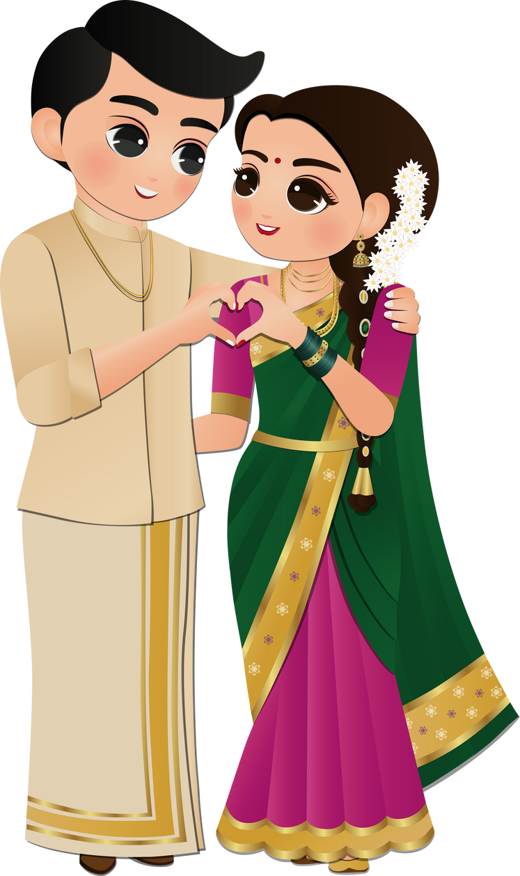 Bride and groom cute couple in traditional indian dress cartoon character